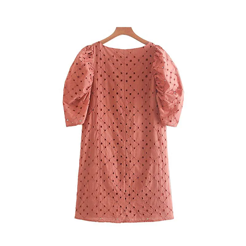 Vintage Stylish Hollow Out Embroidery Mini Dress Women Fashion V Neck Half Puff Sleeve Chic Dresses Vestidos Mujer