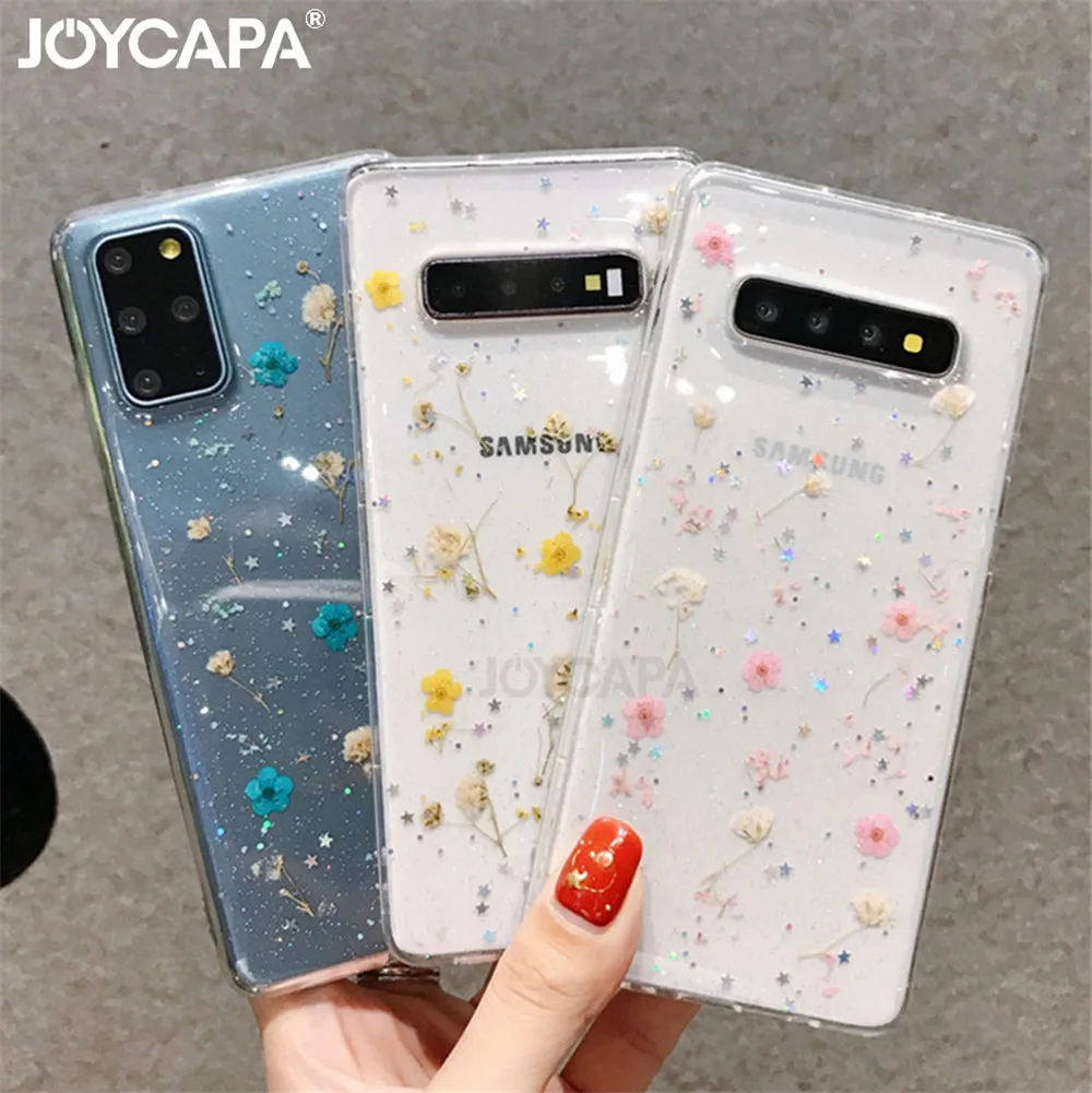 Elegant Real Dried Flower Glitter Soft Clear Phone Case
