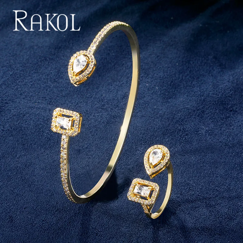 Gold Color RAKOL личность Геометрическая огранка кубический циркон ожерелье серьги кольцо невесты костюм дамы свадебное платье ювелирные изделия RS30112 - Окраска металла: Gold Color