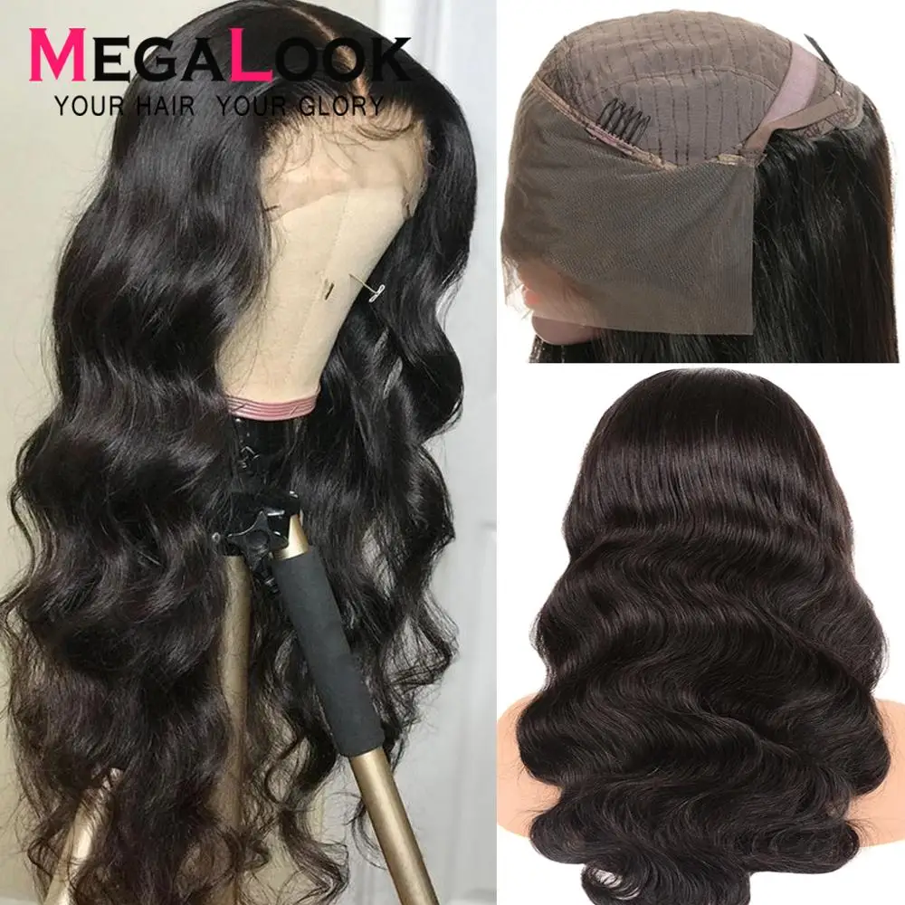 

Body Wave Human Hair Wig Bleached Knots Lace Front Human Hair Wigs With Baby Hair 13x4 Megalook Natural Black Malaysian Remy