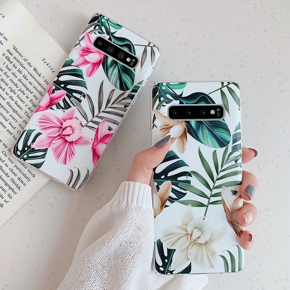 

Art Flower Phone Case For Samsung Galaxy A50 S8 S9 S10 Plus S10E Note 10 Pro A40 A70 A50s A30s Shell Soft Banana Leaf Back Cover