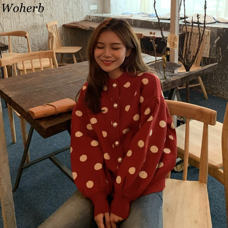 Woherb, милый женский кардиган в горошек,, осень, зима, Harajuku, винтажный свитер, пальто, корейский стиль, вязанный джемпер, топы, Sueter