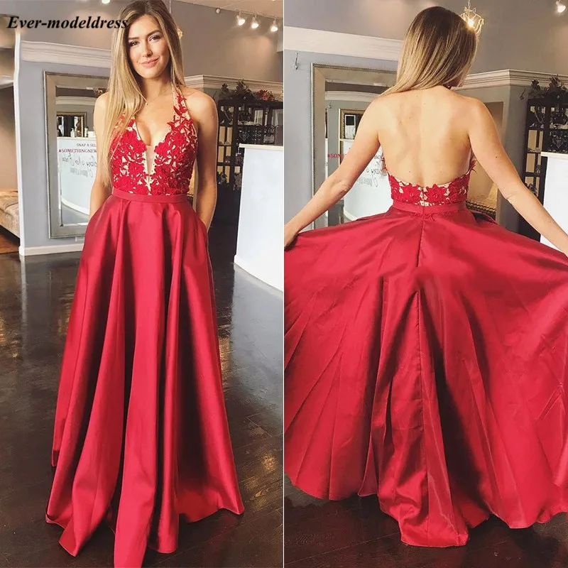 Vestido Formatura красный платья для выпускного вечера глубокий v-образный вырез Аппликации спинки A-Line Вечерние платья для выпускного вечера длиной до пола по индивидуальному заказу