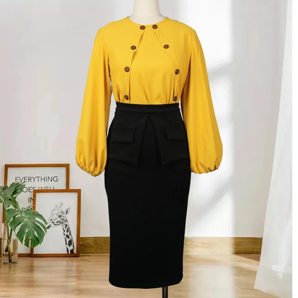 Conjunto 2 piezas de Blusa de manga larga con botones y falda negra para mujer, traje de oficina, Moda Africana, conjuntos de piezas - AliExpress Ropa de mujer
