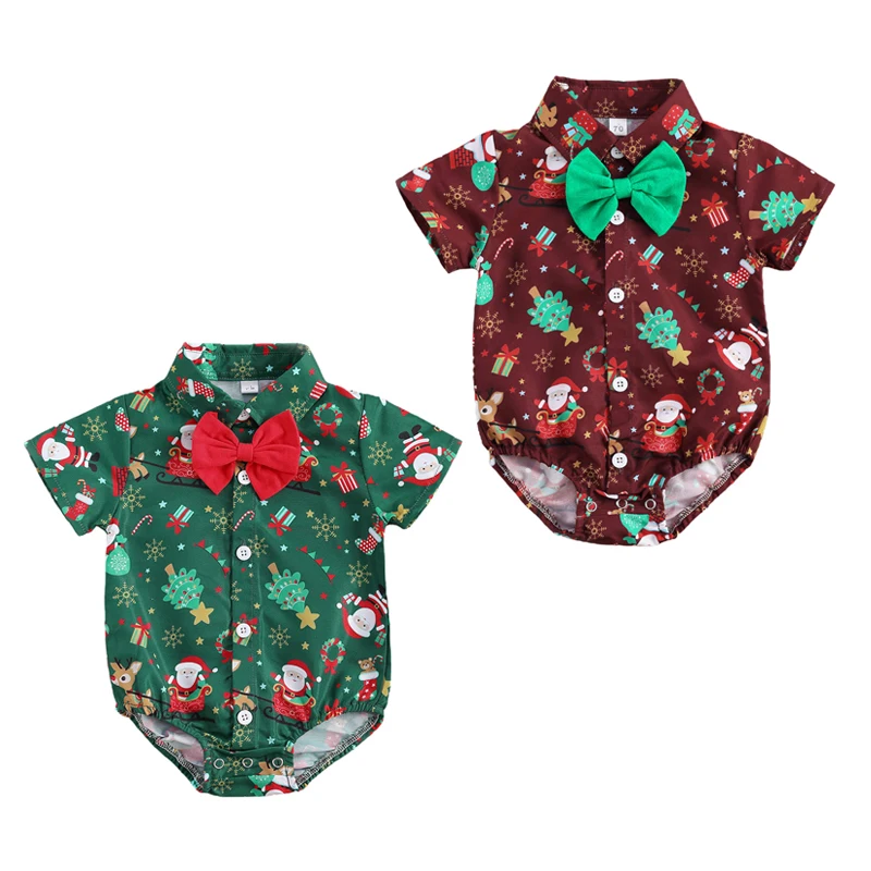 

Christmas Baby Girls Boys Bodysuits Santa Print Short Sleeve Bow Tie Gentleman Party Jumpsuits 0-24M Kids Xmas Outfits