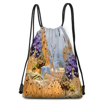 

White sika deer animal wind printed black bundle pocket on the grass