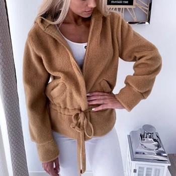 

Women Clothing Autumn Winter Brown Zipper Pockets Long Sleeve Bandage Hooded Outwear Ladies Casual Fleece Warm Coat SJ4879E