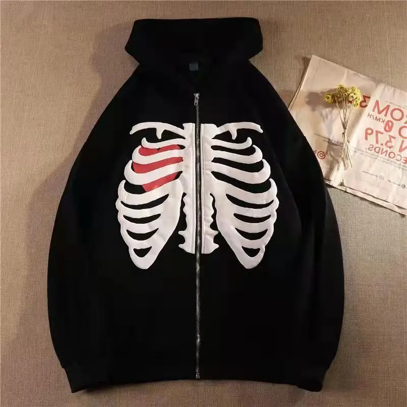 Clothes Skeleton Printing Hoodie Anime Men Women Long-sleeve Zipper Hoodie Jacket Loose Streetwear Kpop Clothes Oversized