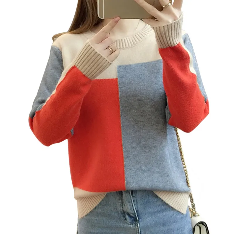 Зимний свитер контрастного цвета женский джемпер с длинными рукавами женский свитер пуловер вязаный женский пуловер