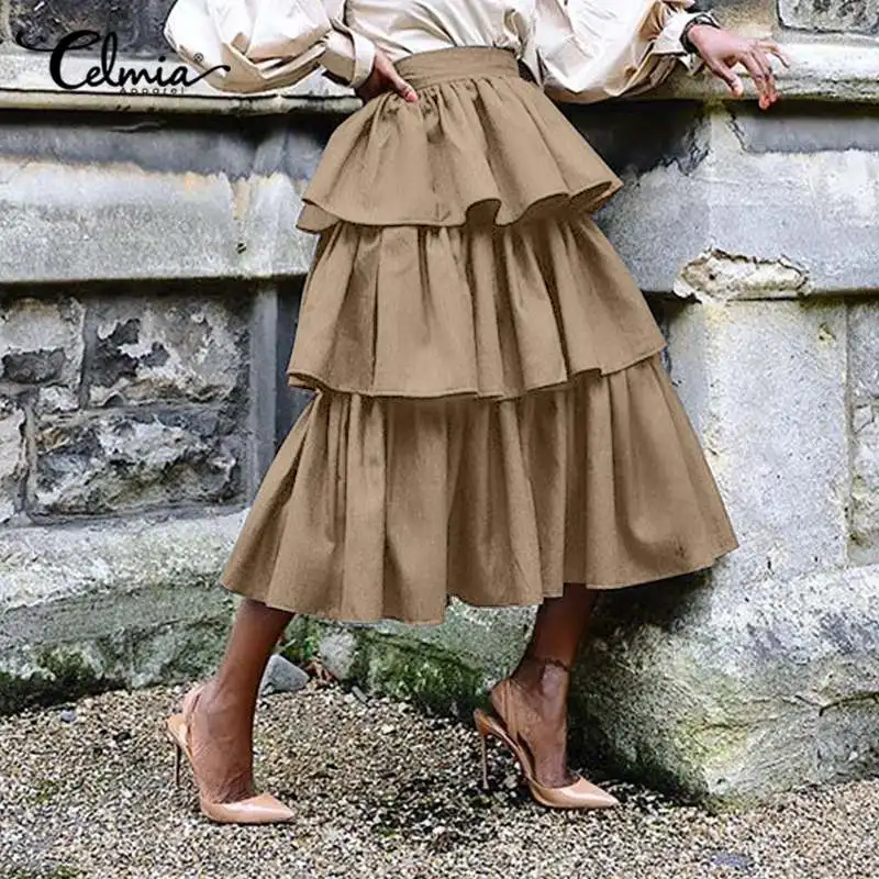 2021 faldas Celmia de moda de Mujeres de cintura alta Midi falda Casual elegante Falda Mujer oficina Color sólido pastel fiesta faldas 7