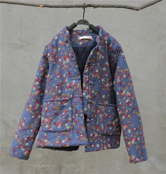 

2019 Winter New Fashion All-match Retro Plate Buckle Floral Print Padded Cotton Coats Leisure Comfortable Women Coat New Clothes