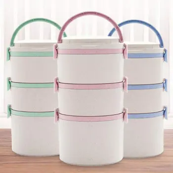 

Wheat Straw Lunchbox Round Lunch Box Seal Up Fresh Retain Freshness Heated Food Containers Handheld Tiffin Bento Box