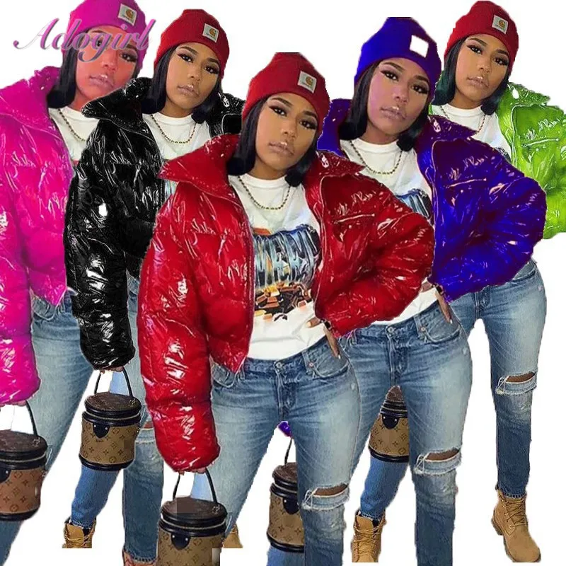 

Women Padded Coat Causal Bright PU Leather Stand Collar Long Sleeve Zip Down Coat Jacket 2020 Winter Thick Outwear Parkas Coat