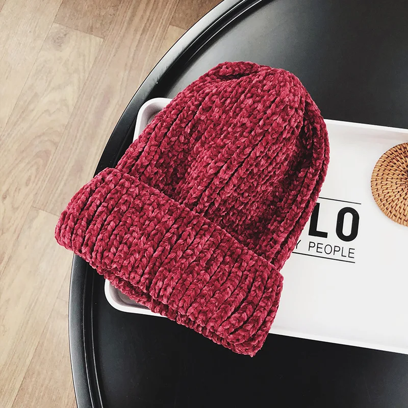 WELROG, одноцветные вязаные шенилловые шапки Skullies, дизайн, модные зимние теплые мягкие шапки-бини для женщин, Шапка-бини, Шапка-бини - Цвет: Бургундия