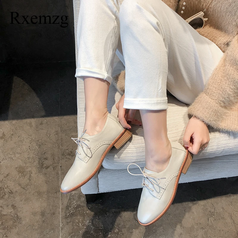 

Rxemzg genuine leather shoes women elegant ladies low heel pumps square heels women pumps with round toes summer lace up shoes