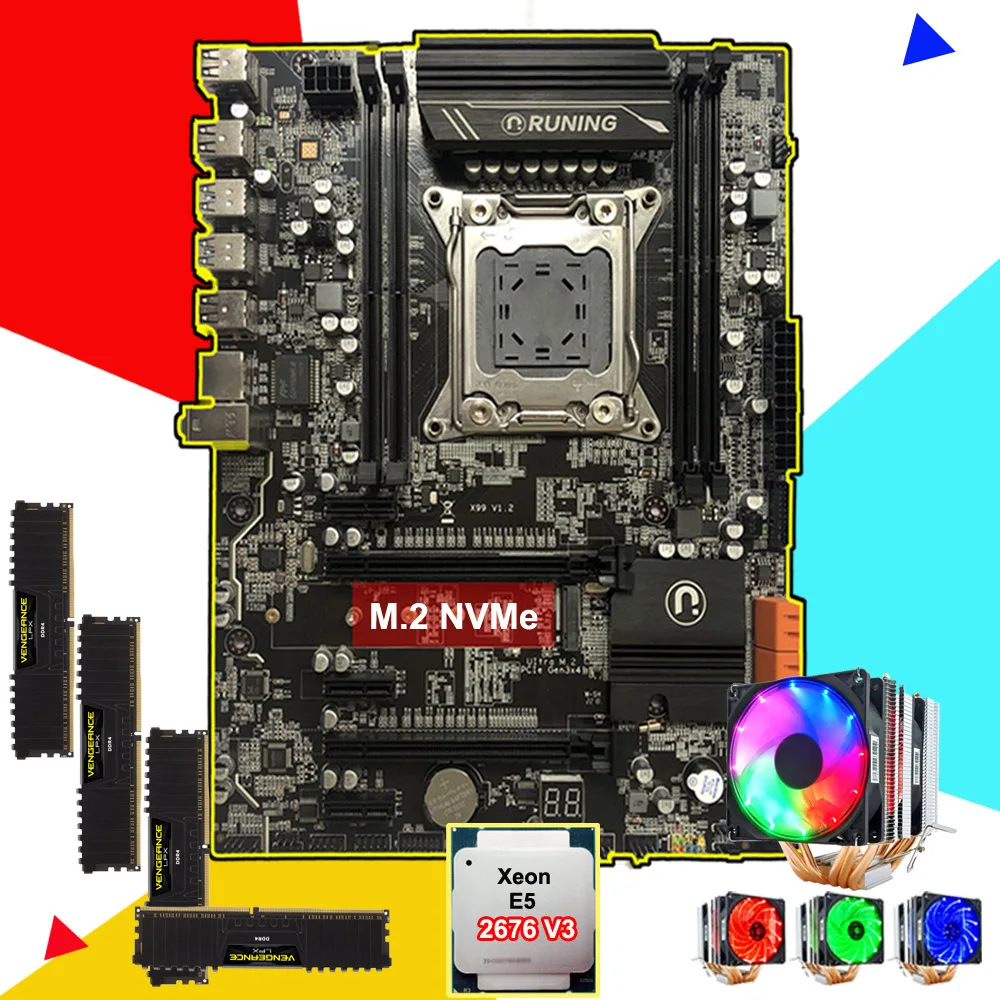 ^Cheap Brand computer parts Runing X99 LGA2011-3 motherboard with M.2 NVMe slot CPU Intel Xeon 2676 V3 cooler RAM 64G(4*16G) DDR4 2400