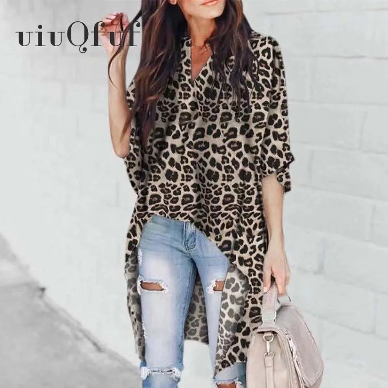 

Casual V-Neck Fashion Women Blouses Leopard Print Irregular Womens Tops And Blouses Half Sleeve Chiffon Vintage Ladies Tops