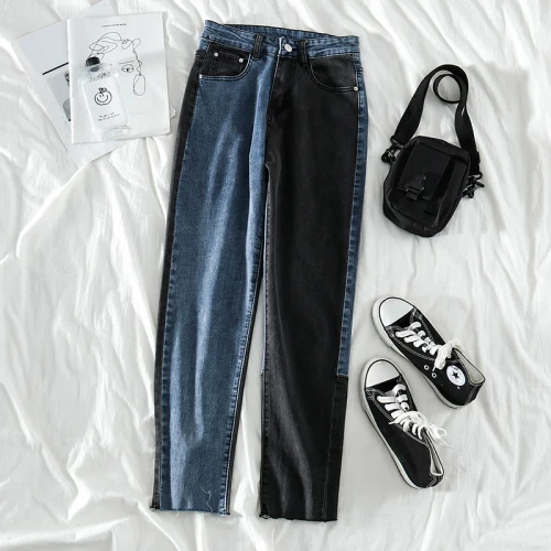 blue pants Woherb винтажные модные прямые свободные джинсовые штаны для женщин с высокой талией, Лоскутная уличная одежда, женские повседневные корейские 91518 - Цвет: blue pants