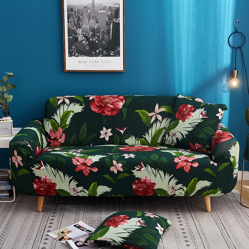 Пасторальный стиль с цветочным принтом, эластичный чехол для дивана с зелеными листьями, Одноместный/двойной/Трехместный/Четырехместный мягкий чехол