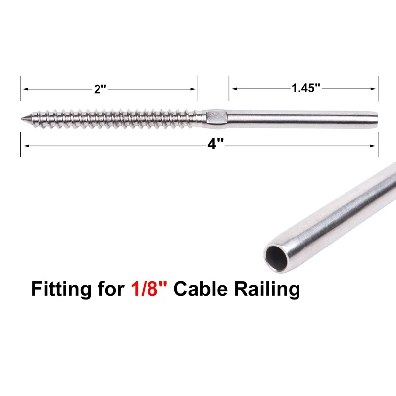 Lag Screw Swage Turnbuckle for 1/8 inch Wire Rope Cable, Stainless Steel T316 Marine Grade