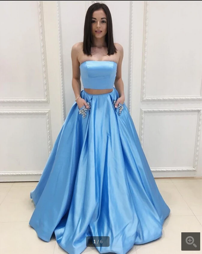 

2020 new arrival Sky Blue satin Two Piece Prom Dresses Strapless sweetheart neck Crystal Floor Length formal prom gowns hot sale