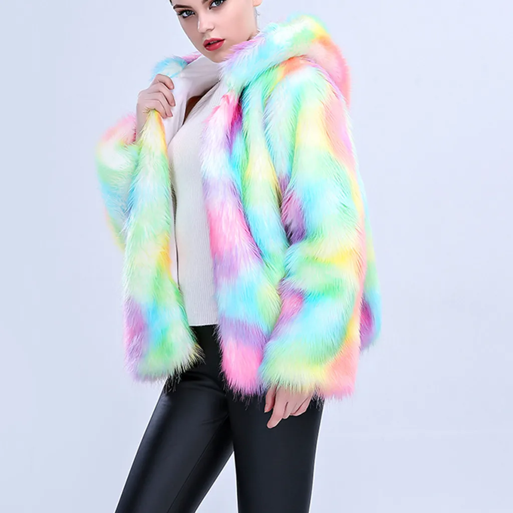 Winter Women Colorful Warm Thick Faux Fox Fur Coat Gradual MultiColour Elegant Lady Slim Faux Fur Coat Jackets W828