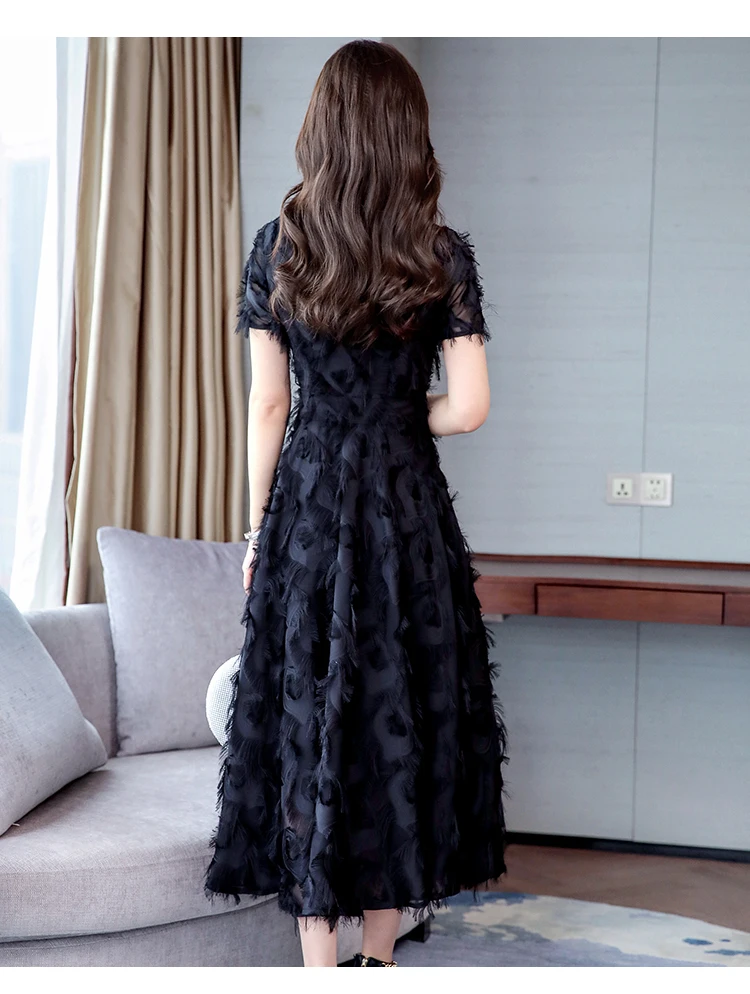 High Quality Plus Size M-3XL Summer New Arrival Hot Sale V Collar Short Sleeve Tassel Woman Chiffon Long Dress QV686