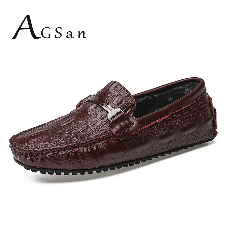 AGSan Winter Men Loafers Leather Moccasins Hombre Plush Warm Driving Shoes Designer Fur Mocasines White Burgundy | Обувь
