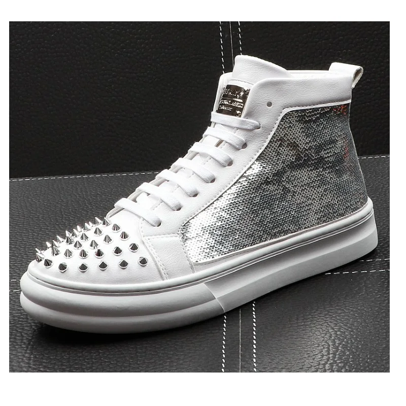 Metal Casual Ankle Boots Men Gold Sequin Rivet Oxford Leisure Men Shoes Stage Dress Hip Hop Sneakers Leather Boots Botas Hombre