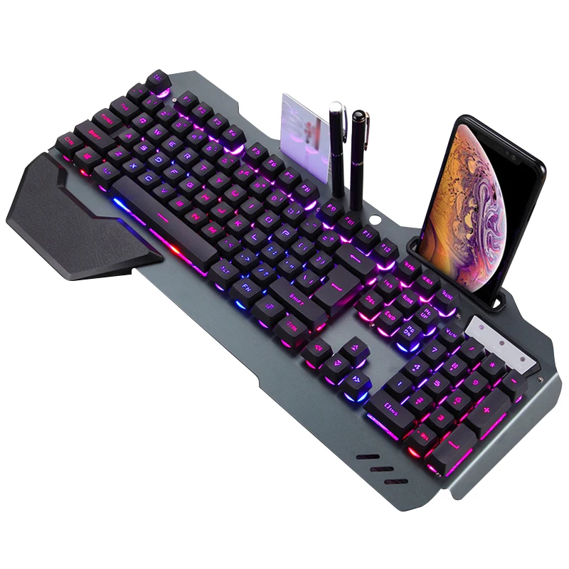 Игровая механическая клавиатура с RGB подсветкой Проводная эргономичная клавиатура держатель телефона геймер клавиатура для планшета Настольный для PUBG - Цвет: Черный