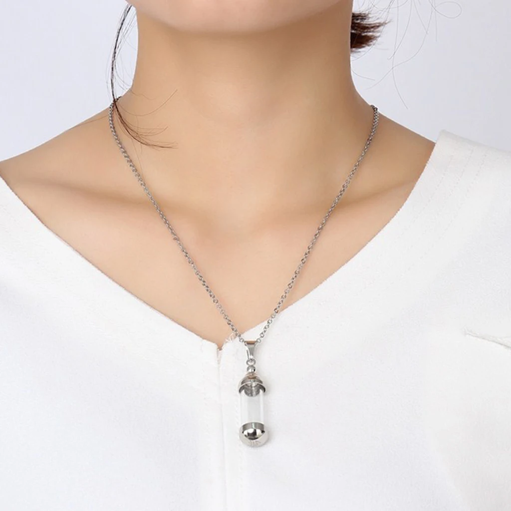 silver color Tone Stainless Steel Glass Tube Urn Bottle Keepsake Cremation Memorial Pendant Chain Necklace Fashion Jewelry