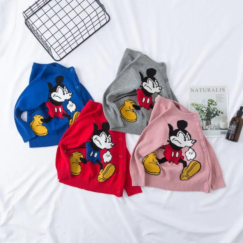 Модный Детский кардиган с Микки Маусом; свитера с вышивкой для мальчиков; свитер для девочек на весну-осень; Детская осенняя одежда; костюм для малышей