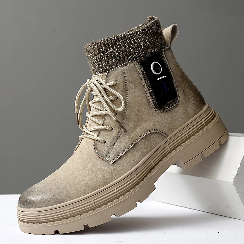 

Autumn/Winter Warm Men Boots Fashion Sock Working Boots For Men Black Beige Vintage Boots Man Genuine Leather Lacing Casual Boot