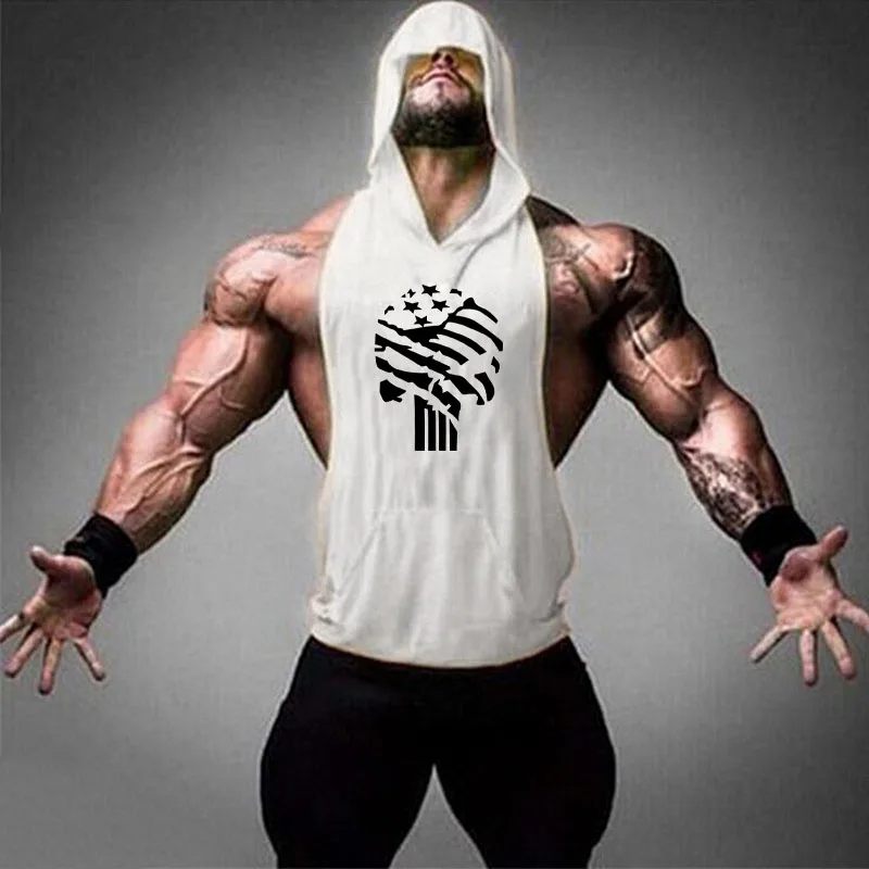 Skull Printing Bodybuilding Hooded Tank Tops men Gyms Stringer Shirt Fitness Tank Top Men Gyms Clothing Cotton Vest Shipping