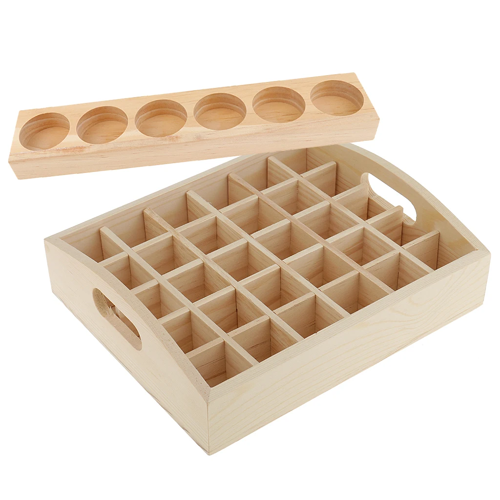 2x Wooden Box Display Case Holder Stand Shelf for  Oil Bottle Perfume Makeup Aromatherapy - 6 Holes & 30 Grids