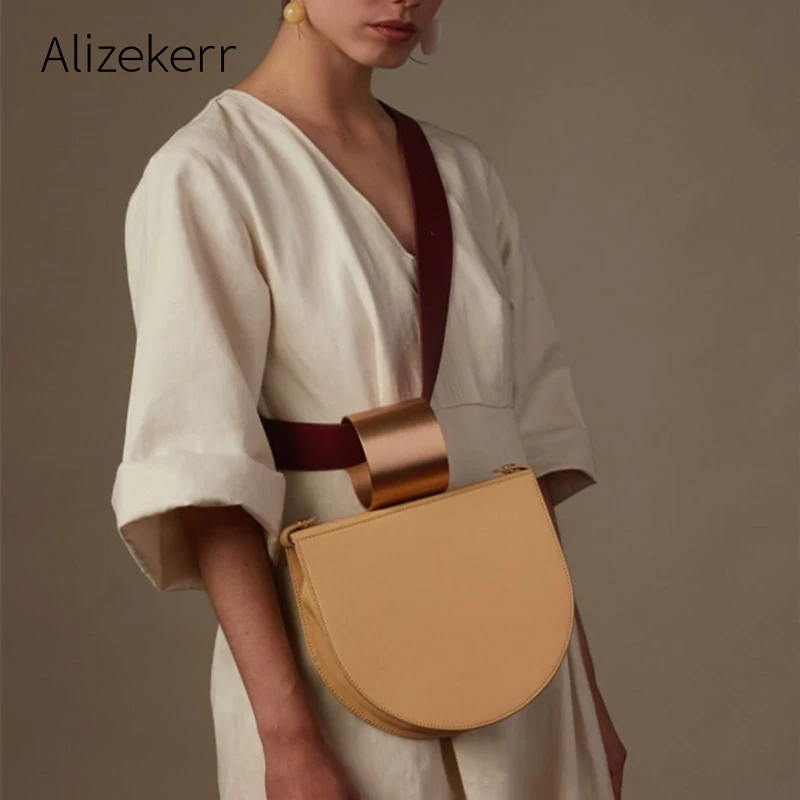 

Metal Ring Saddle Handbag Women 2019 New Designer Simple PU Solid Half Moon Wide Shoulder Strap Crossbody Bag Female Fashion