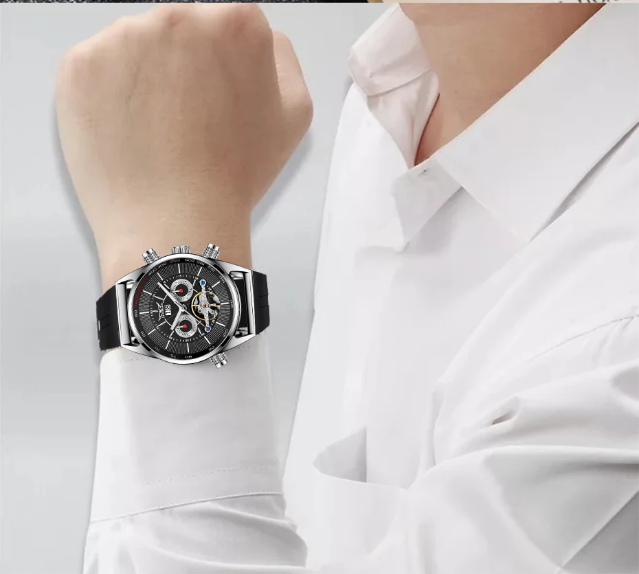 JARAGAR Tourbillion модные черные силиконовые часы многофункциональный дисплей Мужские автоматические механические часы Роскошные мужские часы