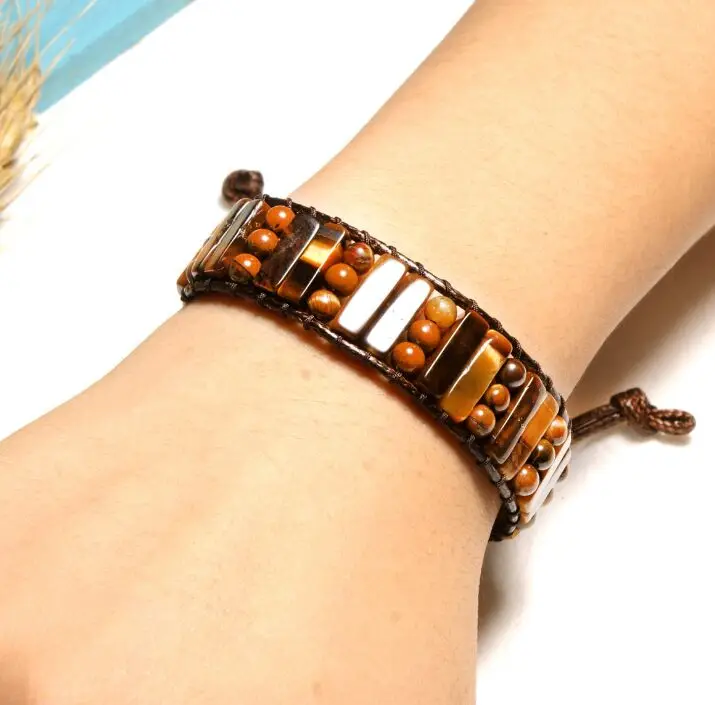 Natural Stone Tiger Eye Beaded Weave Bracelet Healing Bead Leather Rope Charm Wrap Bracelets for Women Men