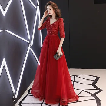 

New Evening Dresses K376 Sequin A-Line Women Party Dress 2020 Burgundy Tulle Robe De Soiree Double V-Neck Formal Long Vestidos