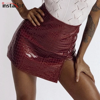 

Sexy New Fashion Slit Hem Sexy Faux Leather Mini Skirts Women High Waist Pencil Skirt Ladies Casual Office Summer Faux Alligator