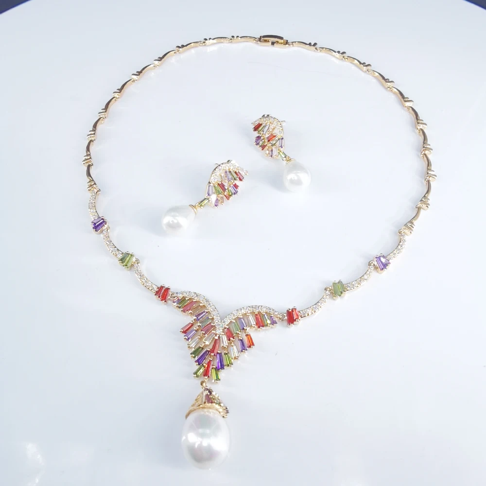 

2023 new fashion colorful zircon shell pearl golden necklace earrings,wedding bride dinner party dress jewelry free shipping