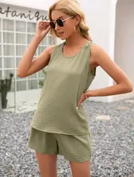 Verão de duas peças conjunto feminino 2022 chiffon sólida shorts define colete vintage solto t camisa cintura alta shorts soltos conjuntos mujer