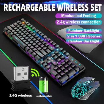 Teclado mecánico para juegos Feel Rainbow LED, retroiluminación USB, juego de teclado y ratón ergonómico para PC, portátil, ordenador 3