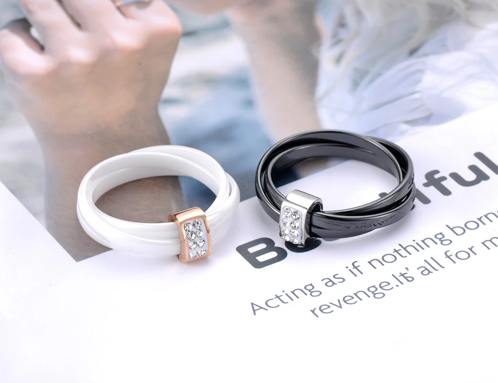 Эксклюзивные 3 слоя обручальные кольца ZooMango с черным/белым керамическим кристаллом, ювелирные изделия из розового золота, стразы из нержавеющей стали, кольцо ZR19066