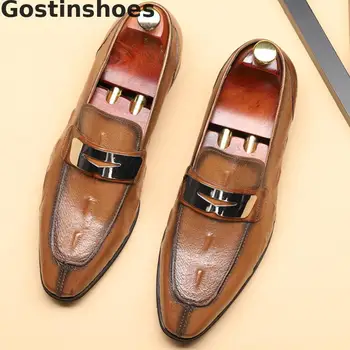 

Slip-on Men Oxfords Brown Black Genuine Leather Men Shoes Pointed Toe Fashion Men Dress Formal Shoes For Office Business Wedding