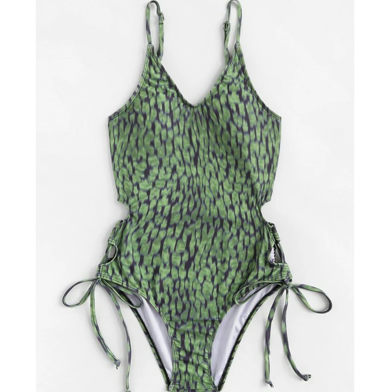 2020 New Sexy Leopard Print Beachwear Women Deep V Swimsuit Side Tied Swimwear S-L Girl Backless Bathing Suit One Piece Suit