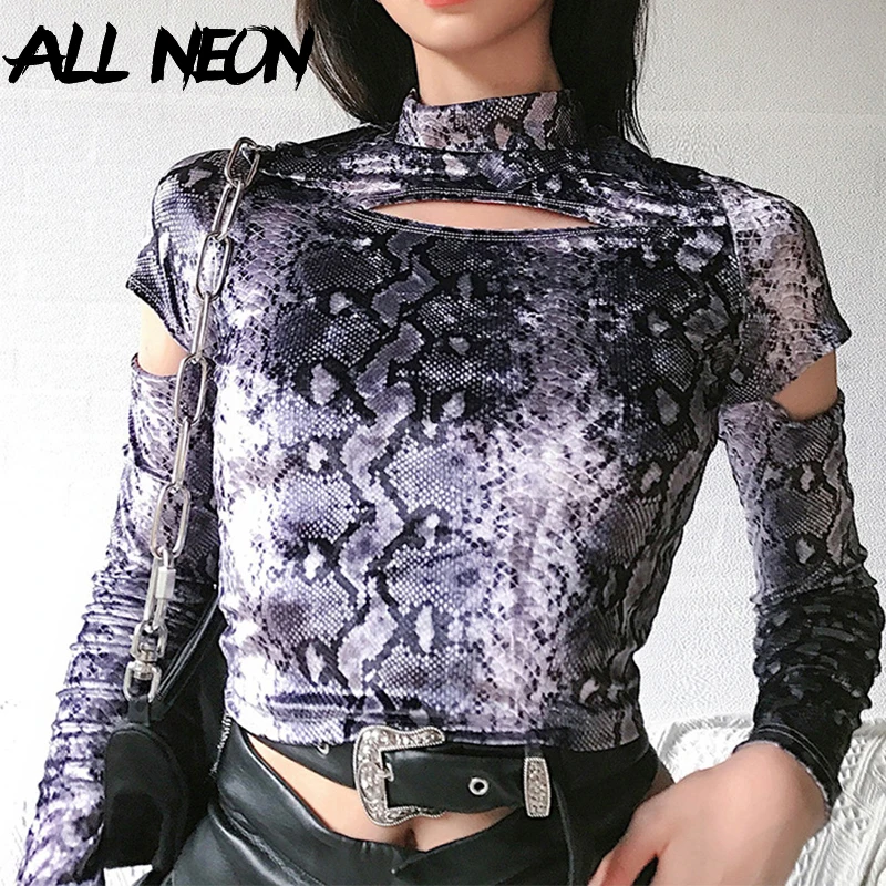 

ALLNeon Y2K Aesthetics Snake Printing Cut Out Velvet Tops E-girl Autumn Punk Slim Turtleneck Hollow Out Long Sleeve Crop T-shirt