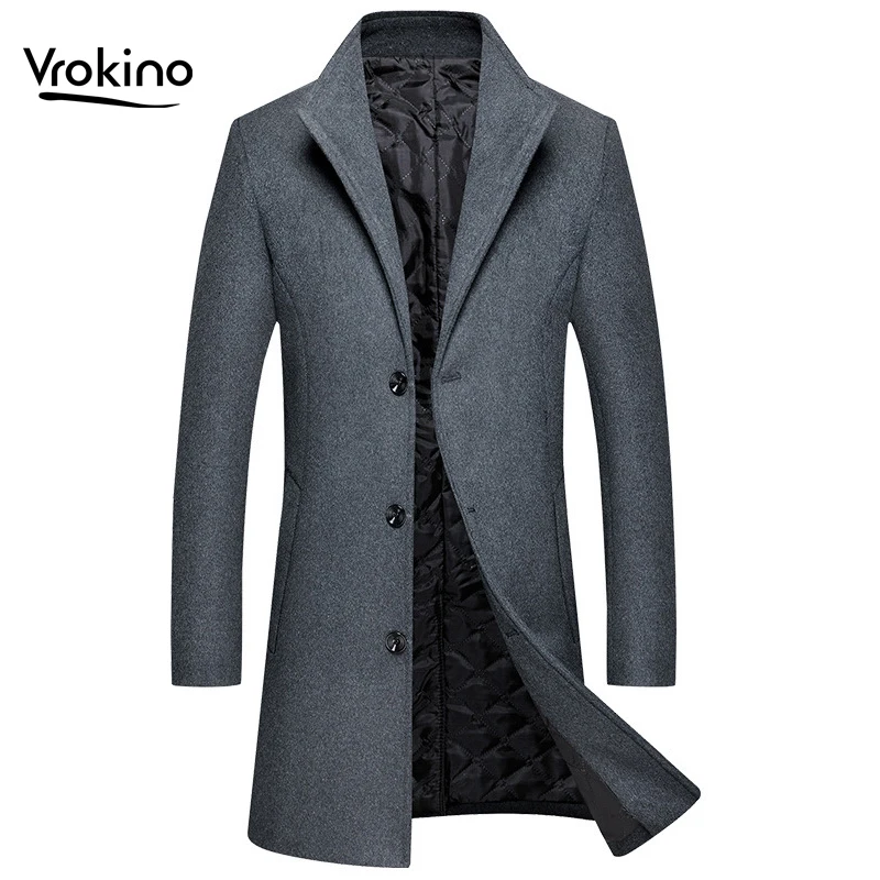 VROKINO 2019 Autumn and Winter New Woolen Coat Fashion Men's Slim Long 5-color Selection M-4XL | Мужская одежда