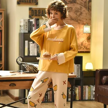 

Yellow 2PCS Sleep Set Nightgown Loose Pyjamas Women Pajamas Suit Sleepwear Printed Home Wear Intimate Lingerie Cotton Nightwear