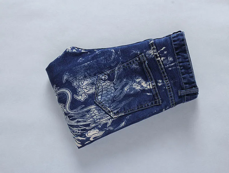 KIOVNO Men Fashion Printed Jeans Pants Dragon Painted Slim Fit Denim Trousers For Male Size 28-38 Blue Color (9)